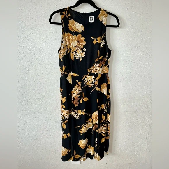 NWT Anne Klein black/mustard yellow floral tie waist sleeveless midi dress sz 6 - Picture 3 of 10